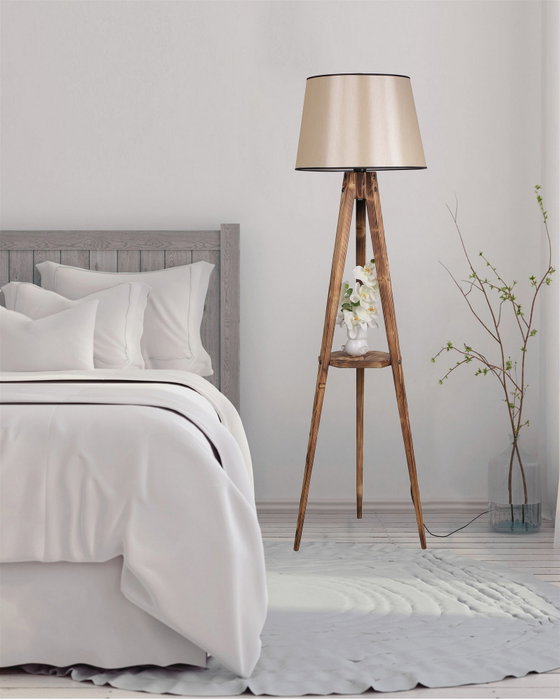 Opviq Lámpara de Pie de Madera con Estante y Pantalla de Tela Marrón Opviq Lámpara de Pie de Madera con Estante y Pantalla de Tela Marrón